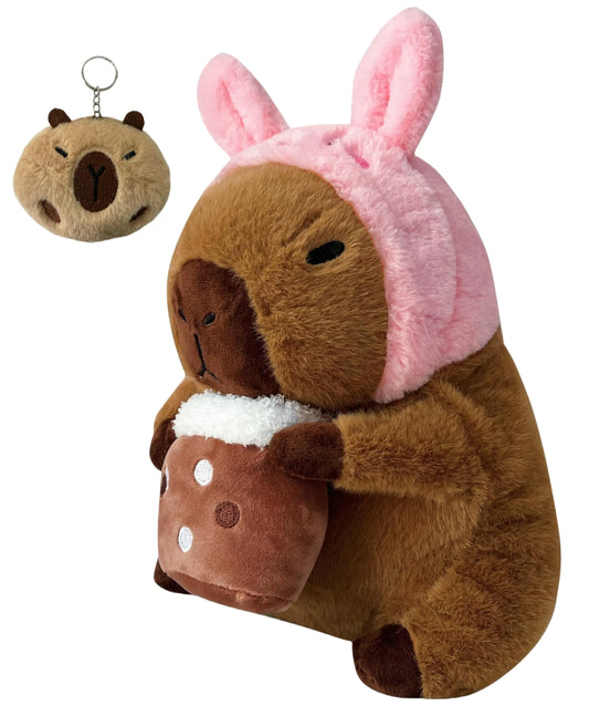 JZNEXD 12 Inch Capybara Plush Toy Large Cute Capybara Stuffed Animal Soft Peluche Capybara Plushie Pillow with Keychain Set for Kids Boys Girls (Pink Rabbit Hat)